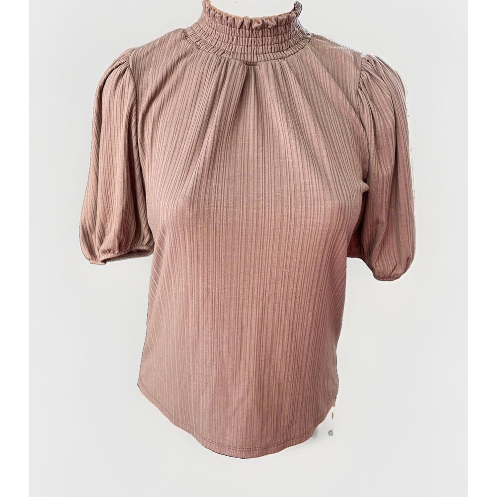 Womens Tan Ribbed Mock Neck Blouse Shirt Size M Stretchy Nude